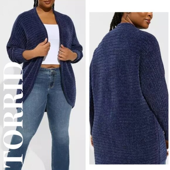 Torrid Chenille Cocoon Navy Blue Cardigan Ribbed Sweater Sz 3 - Picture 1 of 8